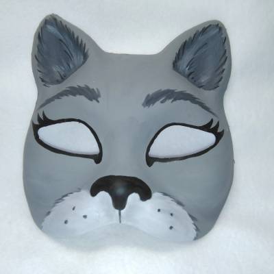 Halbmaske Katze grau – Handbemalte Tiermaske aus Pappmache für Fasching, Karneval & Halloween