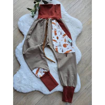 Sweat Pumphose Gr.122-128 braun,Baggytasche mit Fuchs Kinderhose Waldtiere Übergang
