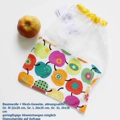 Obst- und Gemüsebeutel aus Baumwolle & Mesh, plastikfrei, Obstbeutel Apfelnetz – Nachhaltige verschiedene Größen