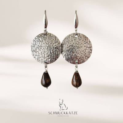 Große hängende Silber-Ohrringe für Damen – Handgefertigte Scheibenohrringe mit Bronzit Halbedelstein