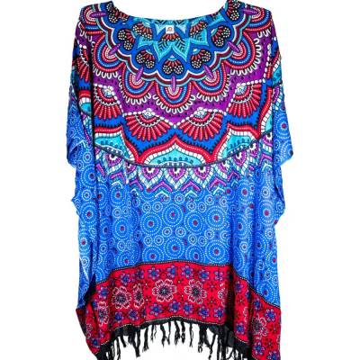 Damen-Kaftan - Handarbeit mit sommerlichen Motiven, blau, neu, mit Fransen