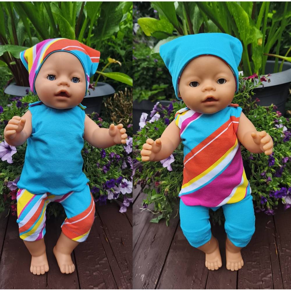 Stickdatei Sommer Puppenkleidung 43cm – Set Hose, Oberteil, Kopftuch für Baby Puppe Bild 1