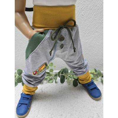 Sweat Pumphose Gr.98-104 Jungen – Bio-Baggyhose mit Betonmischer-LKW grau, handgemacht & einzigartig