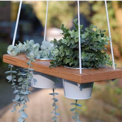 2er Blumenampel weiße Kordel  Hängeampel für Blumen, Holz mit Metallkübel 