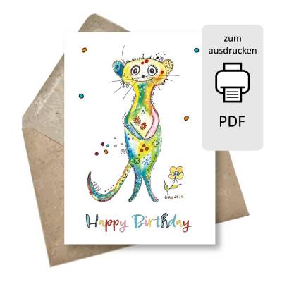Geburtstagskarte zum Ausdrucken Erdmännchen – Glückwunschkarte als Postkarte & Klappkarte - PDF