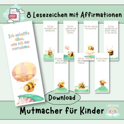 Lesezeichen Affirmation für Kinder - Mutmacher, positive Gedanken - Freundschaft, Mut, Selbstliebe - PDF - Bienen
