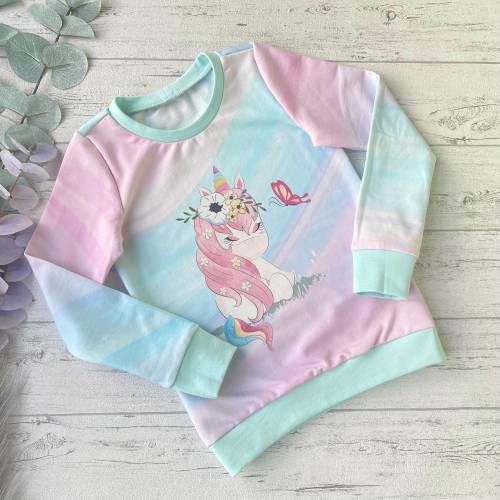 Einhornshirt Größe 110 – Buntes Sweatshirt für Mädchen in Rosa und Mint mit Einhornmotiv