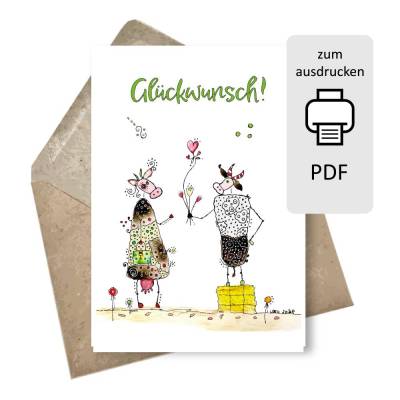 Lustige Glückwunschkarte Kühe – Digitale Aquarellkarte als Postkarte & Klappkarte zum Ausdrucken PDF