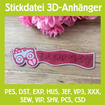 Stickdatei 3D-Anhänger DREAMBOY, Maschinenstickerei, Stickmuster mit Trapunto-Effekt, 3D-Stick, Lesezeichen