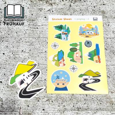 Stickerbogen Camping – Papiersticker oder Vinylsticker, 11,5x17,3 cm – Für Camper & Planer