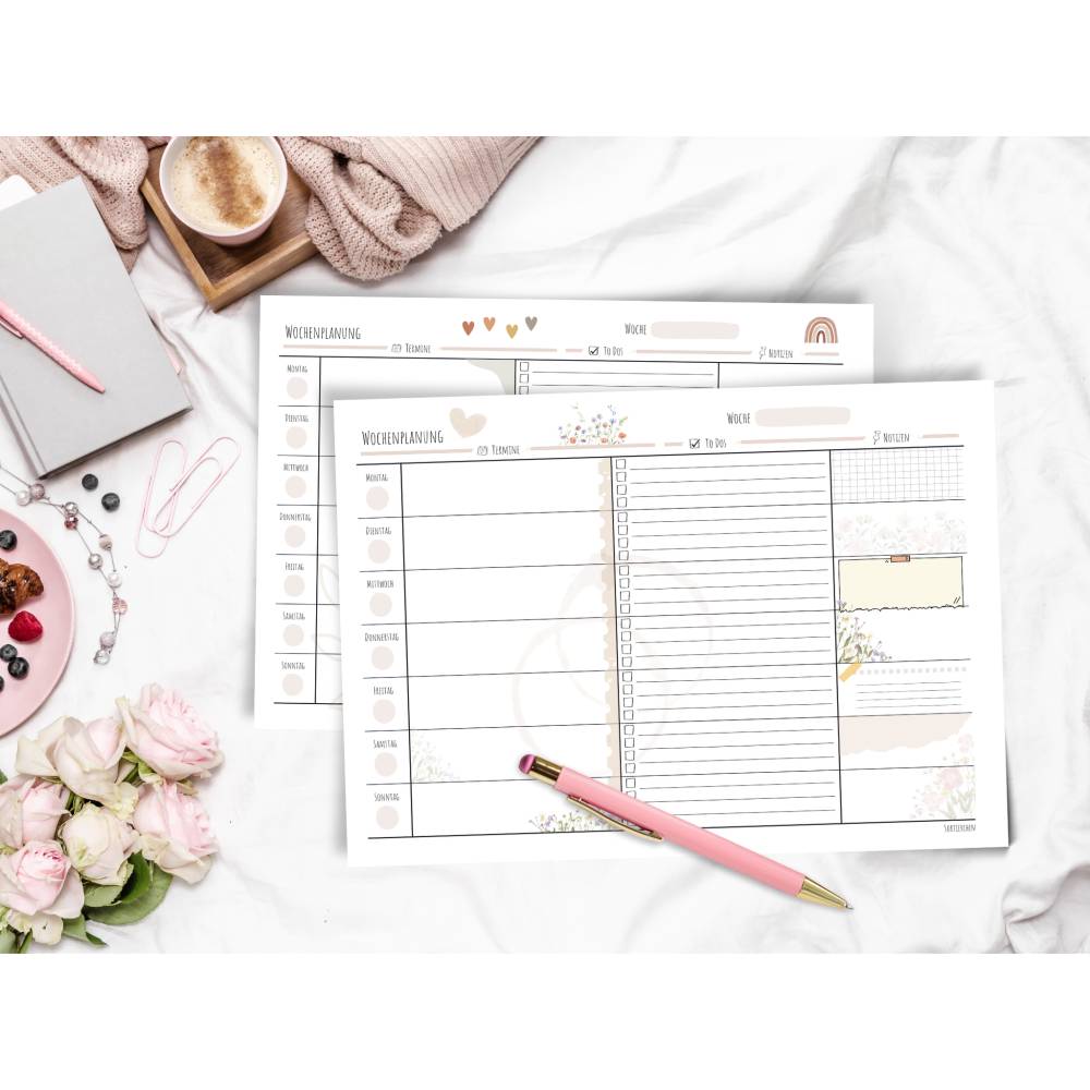 Wochenplaner Vorlage A4 Querformat | Dekorative Wochenübersicht zum Ausdrucken | Termine, To Dos & Notizen | Boho Blumen Bild 1