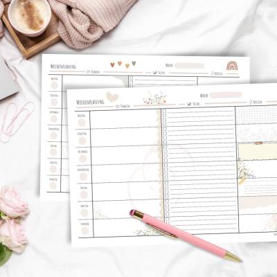 Wochenplaner Vorlage A4 Querformat | Dekorative Wochenübersicht zum Ausdrucken | Termine, To Dos & Notizen | Boho Blumen