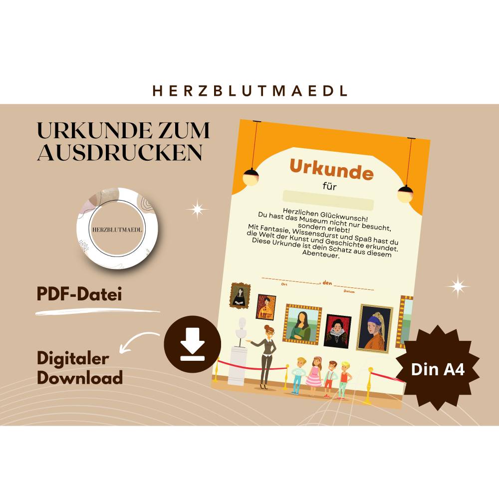 Personalisierte Kinderurkunde Museum – Geschenk & Andenken für kleine Entdecker DIN A4 PDF Bild 1