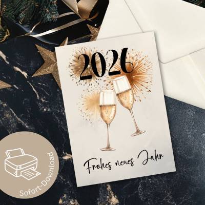 Digitale Boho-Silvesterkarte 2026 mit Sektgläsern als PDF – Neujahrsgrüße stilvoll versenden