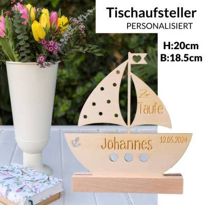 Personalisierter Tischaufsteller zur Taufe Boot Geschenk Dekoration Holz Deko Aufsteller 