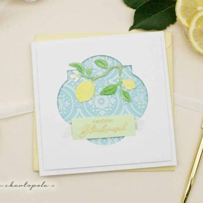 Handgemachte quadratische Glückwunschkarte in mediterranem Flair, Zitronenzweig, Aquarell & goldener Schrift