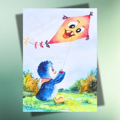 Herbst-Postkarte mit Pinguin & Drachen – Lustige Grußkarte DIN A6 auf Kraftpapier