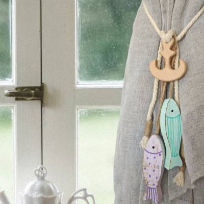 2 maritime Raffhalter mit Holzanker & Baumwolltau – Vorhanghalter ohne Bohren