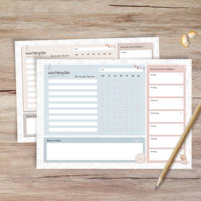 Wochenplan Kinder A4 PDF: Wochenübersicht zum Ausdrucken mit Kästchen & Notizen, 4 Farben im Boho-Stil