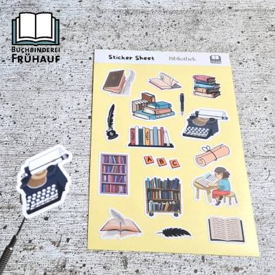 Stickerbogen Bibliothek – Bücher Sticker Sheet, Papier- oder Vinylsticker, 11,5x17,3 cm, Lesen & Schreiben Aufkleber