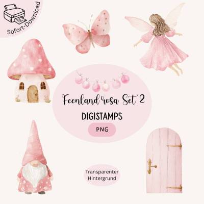 DigiStamp-Set Feenland Rosa Set 2: fünf zauberhafte PNG-Motive für Karten, Basteln & Scrapbooking
