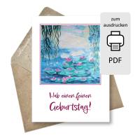 Geburtstagskarte zum Ausdrucken Seerosen – Digitale Aquarellkarte als Postkarte & Klappkarte - PDF Bild 1