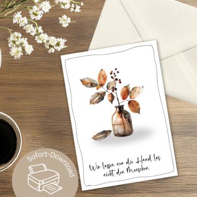 Trauerkarte „Vase mit Blättern“ als PDF – Beileidskarte zum Ausdrucken