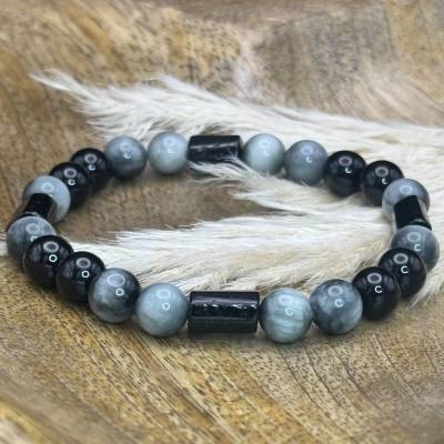 Naturstein-Armband mit Adlerauge, schwarzem Achat & Turmalin – Handgefertigt & individuell