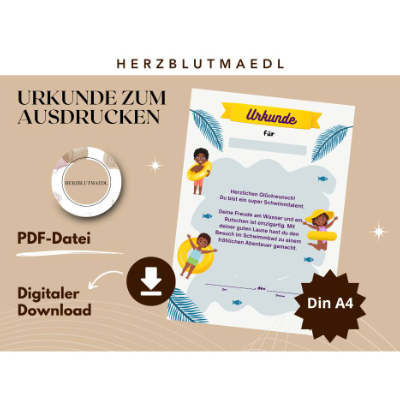 Personalisierte Kinderurkunde Schwimmbad – Einzigartiges Geschenk & Andenken DIN A4 PDF