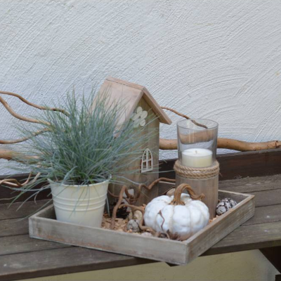  Herbstdeko auf Holztablett, weiß natur