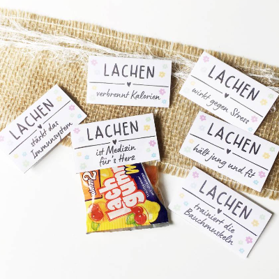 Druckvorlage Lachen to go, Tütenverschluss, Geschenkidee, Mitbringsel, gute Laune, kleines Geschenk, Lachen in der Tüte