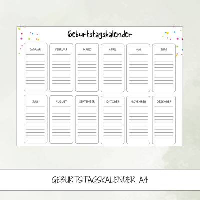 Geburtstagskalender A4 zum Ausdrucken, undatierter Jahreskalender für Geburtstage