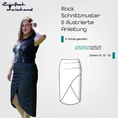 Schnittmuster Damen Bleistiftrock Größe 32 - 62 mit rundem Saum in Wickeloptik, bauchkaschierend