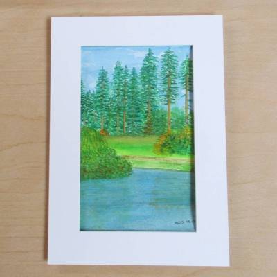 Original Landschaftsgemälde Wald und See – 17 x 24 cm Gouache & Aquarell, handgemalt & signiert