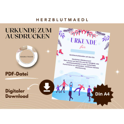 Urkunde für Kinder zum Thema Schlittschuhfahren – PDF zum Download, A4 zum Ausdrucken, personalisierte Kinderurkunde