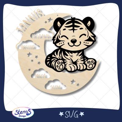 Laserdatei Geburtsmond Tiger – personalisierbares Holzschild mit Sternen und Wolken für Name & Geburtsdaten