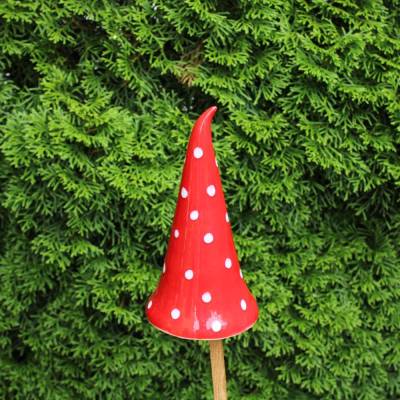 Beetstecker rot mit weißen Punkten, Gartenspitze, Gartenstecker, Zipfelmütze, Zaunhocker Keramik, Zaunhocker,