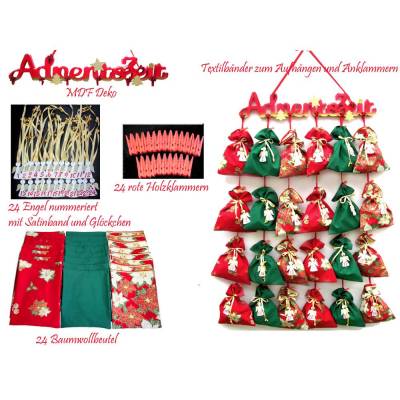 Adventskalender Komplettset XXL Wandbehang Türhänger Adventszeit – Stoff Säckchen zum Befüllen