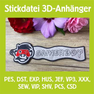 Stickdatei 3D-Anhänger GAMERBOY, Maschinenstickerei, Stickmuster mit Trapunto-Effekt, 3D-Stick, Lesezeichen