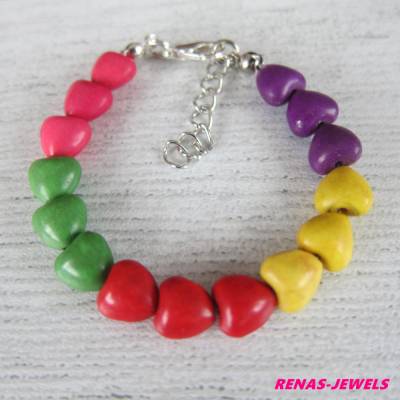Handgefertigtes Kinder Mädchen Armband Howlith Herz Perlen Bunt Silberfarben