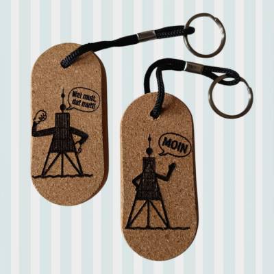 Schlüsselanhänger Kork Kugelbake schwimmend, maritim, mit Spruch wahlweise „MOIN“ oder „Wat mutt, dat mutt“ Küstenmotiv