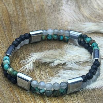 Zweireihiges 4mm Naturstein-Armband mit Afrikanischem Türkis, Lavastein, Labradorit & silberf. Hämatit-2-Loch Kissen