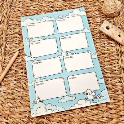 A5 Wochenplaner Notizblock, Himmel- & Vogelmotiv, 50 Seiten, aus Recyclingpapier und handillustriert, Größe 21 x 14,5 cm