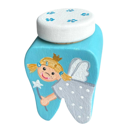 Milchzahndose Zahnfee türkis-weiß grau – personalisierte Zahndose für Mädchen aus Holz
