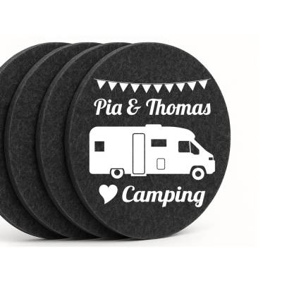 Geschenk für Camper, 4 personalisierte Camping-Untersetzer mit Wunschtext, Camping Deko, Wohnwagen, Wohnmobil Geschenk