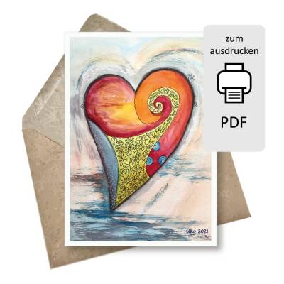 Glückwunschkarte zum Ausdrucken Herz - als Postkarte & Klappkarte Din A6 - PDF