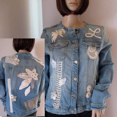 Einzigartige Jeansjacke - neu gestylt mit Spitzen- und Häkelapplikationen