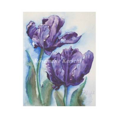 Lila Tulpen Aquarellbild handgemalt – Unikat in Lila-, Blau- und Grüntönen 24 x 19 cm Hochformat