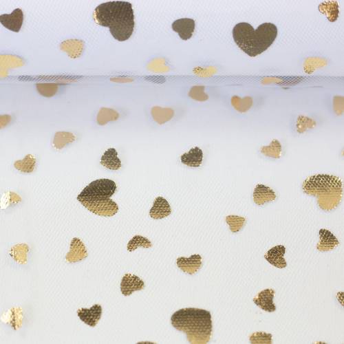 Twinkle Tüll - Herzen in Gold auf weiß- 50cm