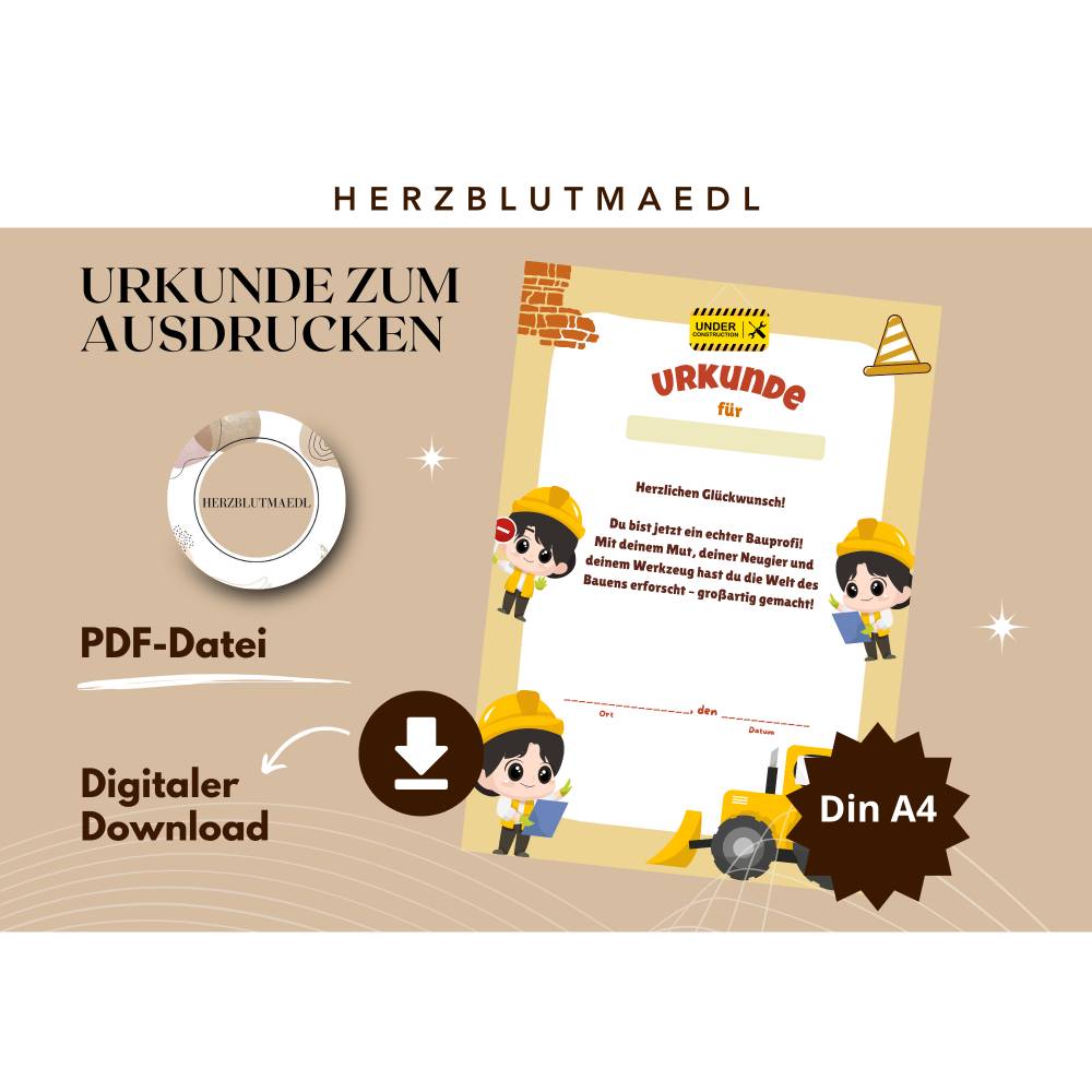 Digitale Kinderurkunde Bauprofi – A4 PDF zum Ausdrucken, Radlader & Handwerker Thema Bild 1